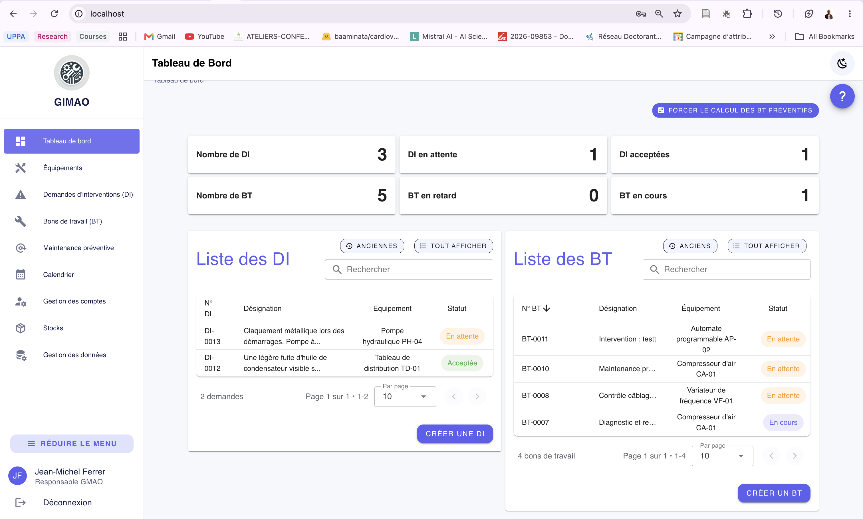 Tableau de bord de GIMAO montrant les statistiques de maintenance, les demandes d'intervention et les bons de travail